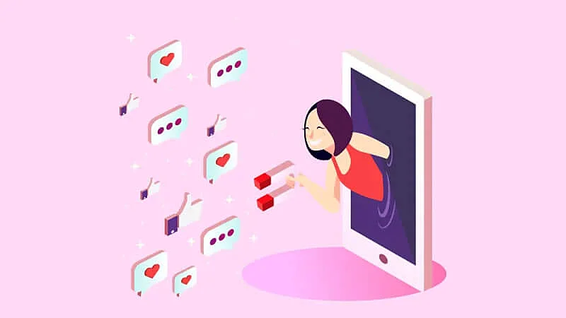 Ilustração de uma mulher dentro de um celular com um imã 