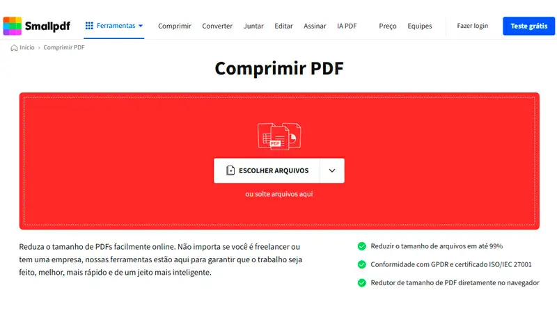 SmallPDF captura de tela da ferramenta de comprimir PDF da SmallPDF