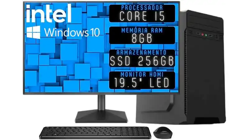 imagem que mostra um computador completo 3Green com mouse, teclado, fone de ouvido, monitor e gabinete