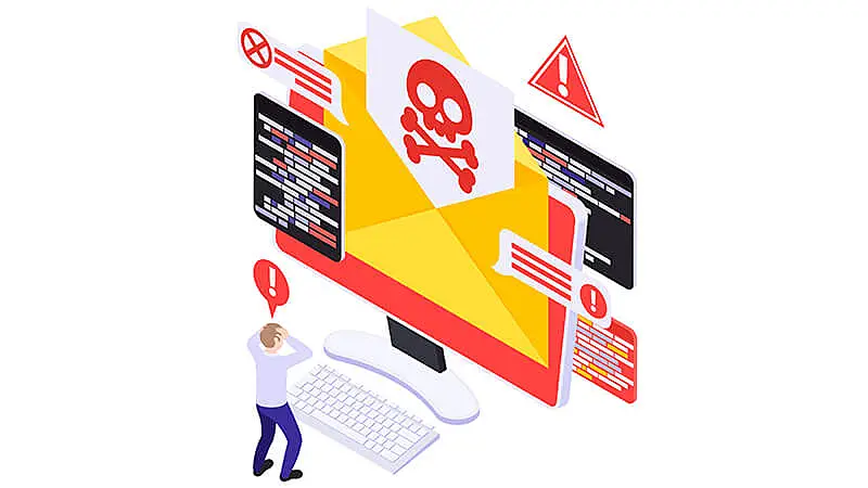 ilustração que mostra um computador lento e infectado por vírus