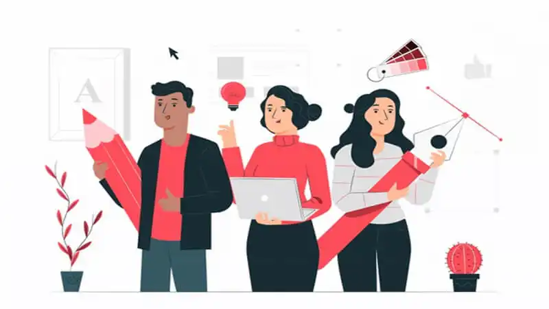 Comunicação Visual Ilustração de 3 pessoas segurando lápis e notebook