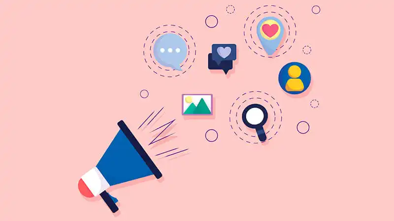 Comunicação Visual Ilustração de um megafone ao lado de um ícone do YouTube, de uma lâmpada  e um celular