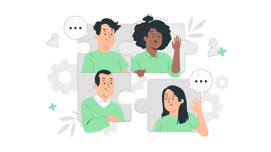 Ilustración de un rompe cabezas con personas comunicándose