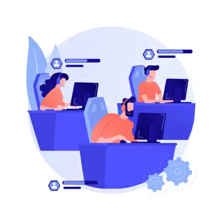 ilustração com 3 pessoas usando computador fazendo atendimento