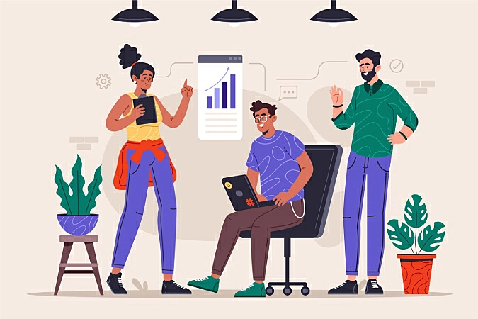 ilustração com 3 pessoas analisando gráficos