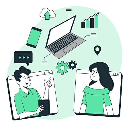 ilustração de uma pessoa apresentando para outra pessoa e ícones de tecnologia