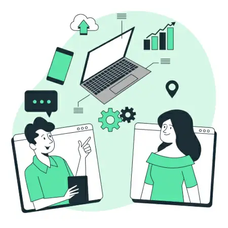 ilustração de uma pessoa apresentando para outra pessoa e ícones de tecnologia