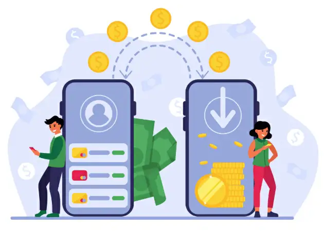 Ilustração de duas pessoas apoiadas usando o celular e dois celulares gigantes transferindo moedas