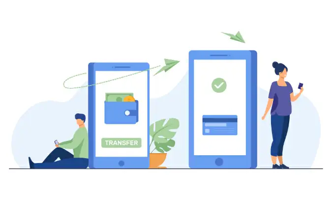 Ilustração de duas pessoas apoiadas usando o celular e dois celulares gigantes transferindo dinheiro