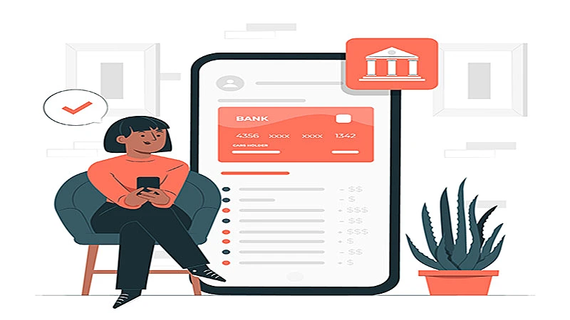 Imagem de uma mulher sentada em uma cadeira usando um celular e ao fundo a tela do celular aberta em um banco