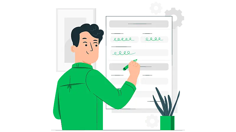 Imagem vetorizada de um homem assinando o contrato de compra e venda. 