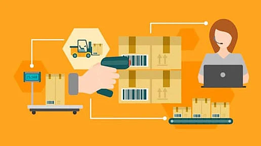 ilustración de cajas, scanner de código de barras y diversos elementos de un inventario 