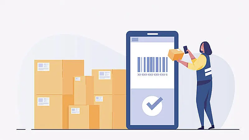 Elementos gráficos representando itens de um estoque, como caixa, balança e colaborador