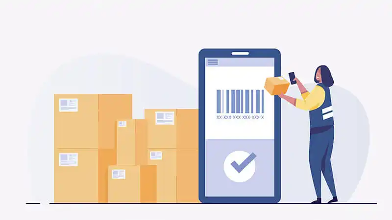 Gestão de estoque Elementos gráficos representando itens de um estoque, como caixa, balança e colaborador