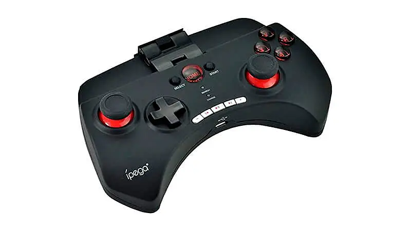 imagem de um controle para celular Ipega na cor preta com detalhes em vermelho