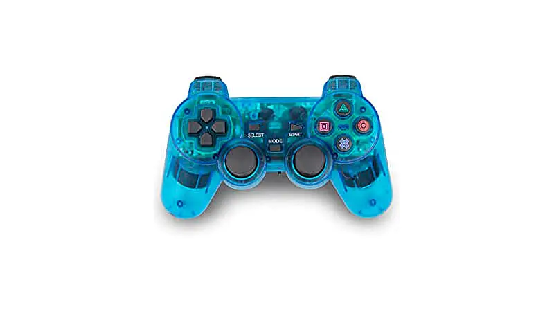 imagem de um controle de PS2 sem fio na cor azul come estrutura semitransparente