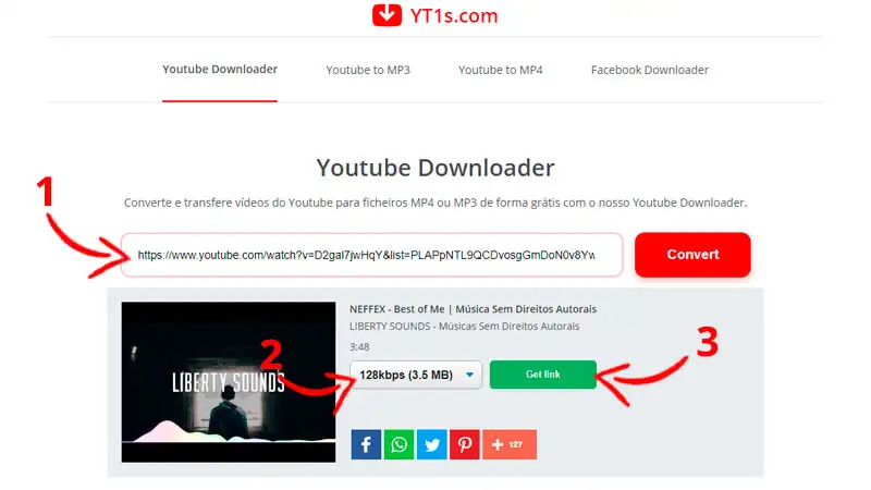 Conversos YouTube Tela inicial do site YT1s com instruções de download