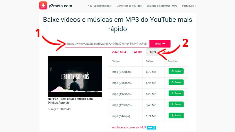Conversor YouTube Tela inicial do site y2meta com instruções de download