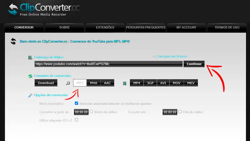 Conversos YouTube Tela do conversor ClipConverter