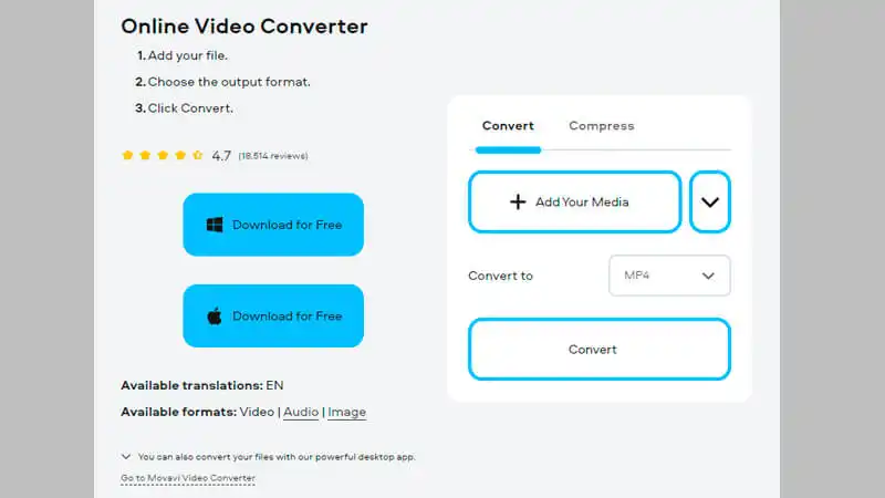 Converter WebM MP4 Movavi imagem mostrando o conversor de vídeo online da Movavi
