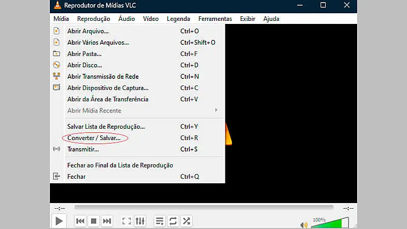 imagem mostrando como acessar a função Converter/Salvar do programa VLC