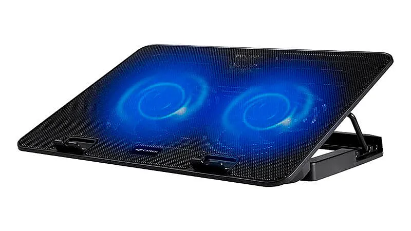 imagem de um suporte com cooler para notebook da C3Tech com duas ventoinhas iluminadas com LED azul