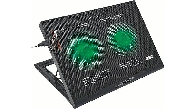 imagem de um suporte com cooler para notebook da Multilaser com duas ventoinhas iluminadas com LED verde