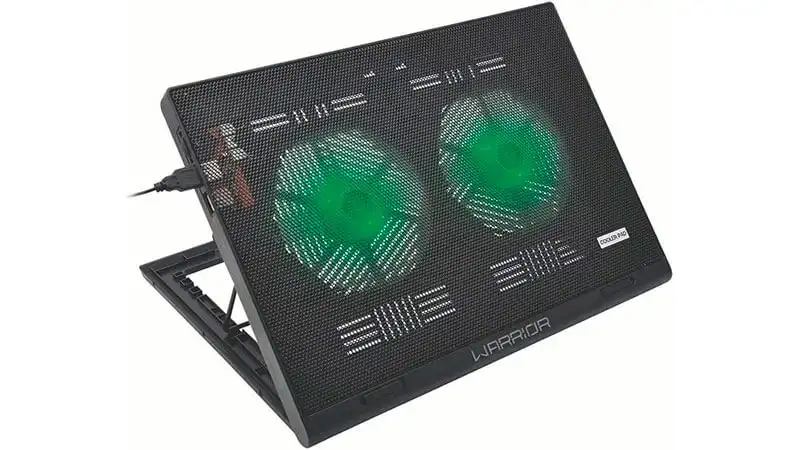 imagem de um suporte com cooler para notebook da Multilaser com duas ventoinhas iluminadas com LED verde