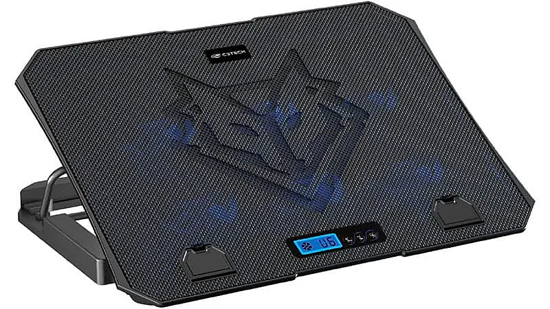 imagem de um suporte com cooler para notebook da C3Tech com seis ventoinhas iluminadas com LED azul