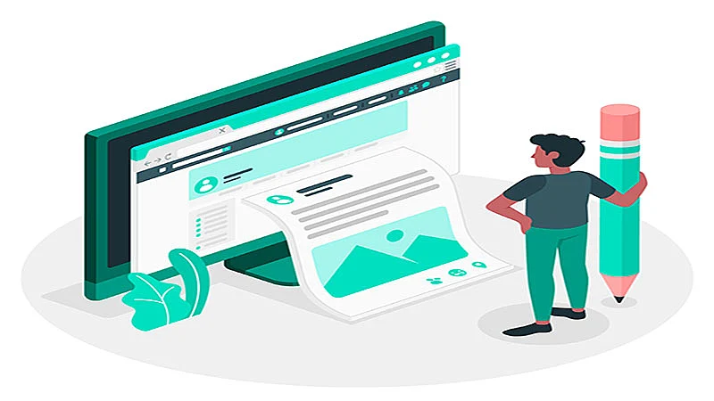 Arte de uma pessoa em pé segurando um lápis olhando para a tela de um computador