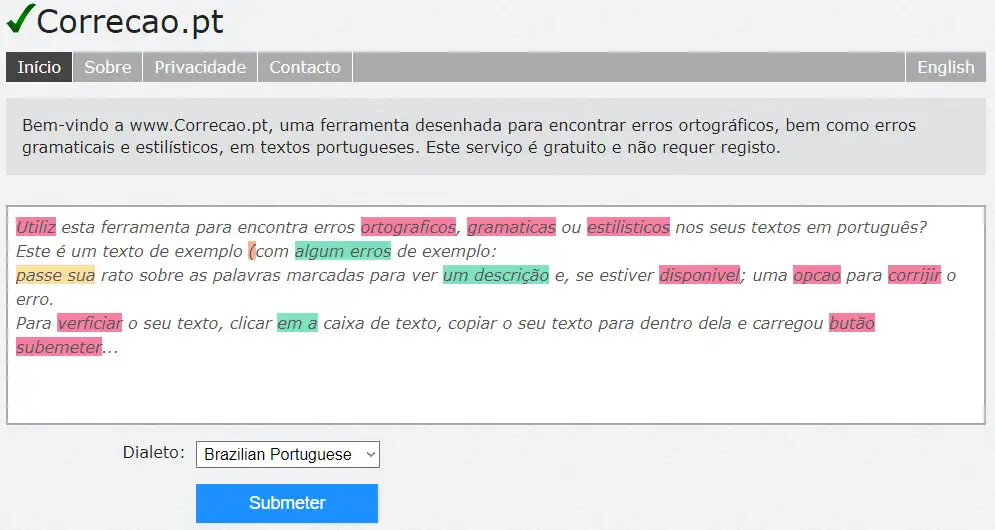 Corretor de texto Captura de tela do Correcao.pt