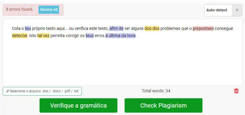 Corretor de texto Captura de tela do PrepostSEO