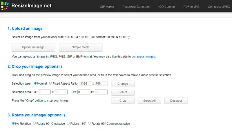Captura de tela da interface do Resize Image