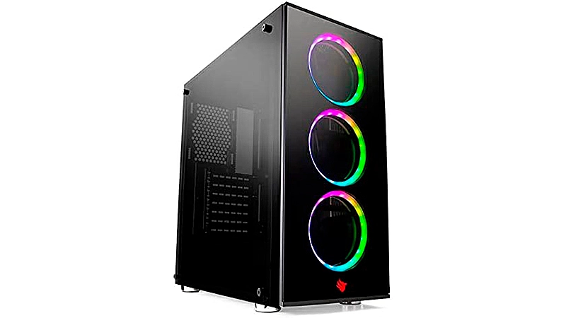 imagem que mostra uma CPU gamer da Pichau com tampo de vidro e três ventoinhas com iluminação RGB