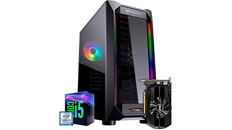 imagem que mostra uma CPU gamer da ITX Arena com tampo de vidro e iluminação RGB ao lado de um processador e de uma placa de vídeo