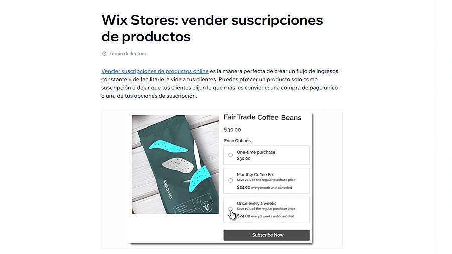 Pantalla sobre suscripciones en Wix