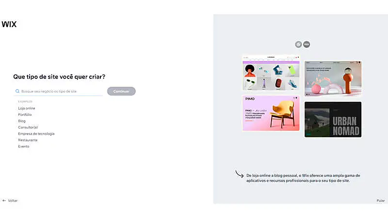 imagem que mostra a página inicial do construtor de sites da Wix