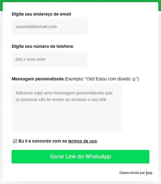Captura de tela do gerador de link da JivoChat