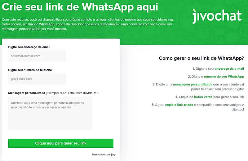 Tela do gerador de link de WhatsApp do JivoChat