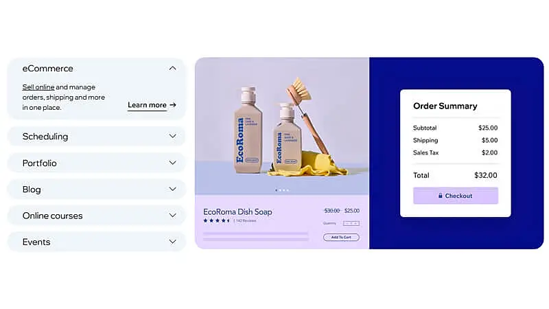 Imagem de uma exemplo de site de e-commerce criado no Wix onde a pessoa está comprando um sabonete EcoRoma e, ao lado, um resumo do pedido com informações como preço, taxas e opções de pagamento