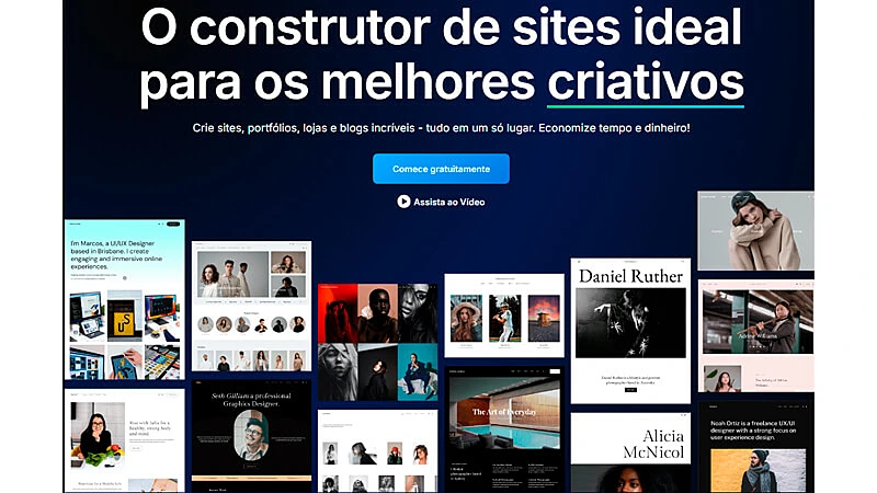 imagem da página incial do site da Pixpa com o texto "o construtor de sites ideal para os melhores criativos" e diversos exemplos de sites abaixo