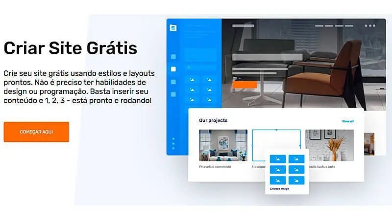 Imagem demonstrativa da ferramenta de criação de site grátis do Site123 com opções de layouts, projetos e modelos prontos para usar,