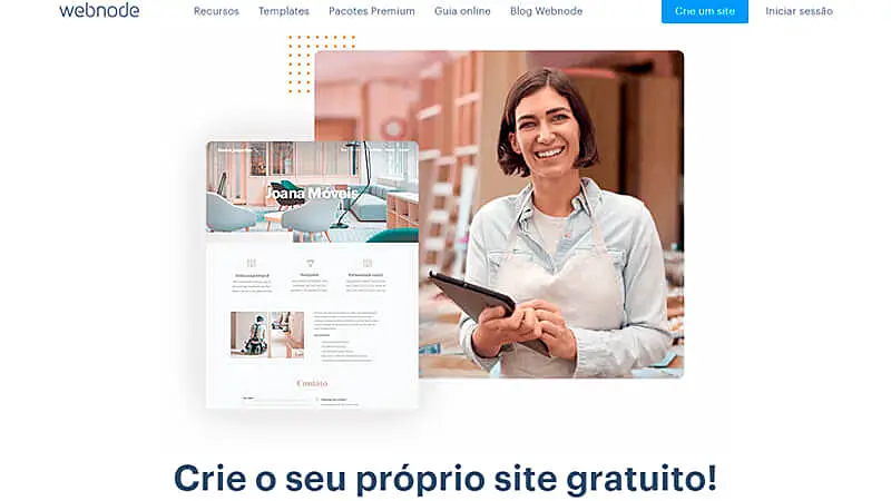 imagem da página inicial do site da Webnode com um exemplo de um site pronto, uma foto de uma mulher sorridente segurando um tablet e o texto "crie seu próprio site gratuito"
