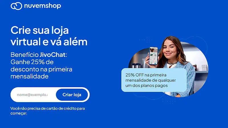 imagem que mostra a página inicial do site da nuvem shop com um fundo azul e uma barra para inserir o e-mail com um botão "criar loja" ao lado.