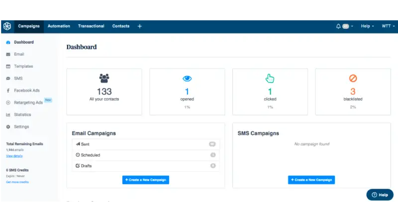 Print Screen da interface do CRM Sendinblue