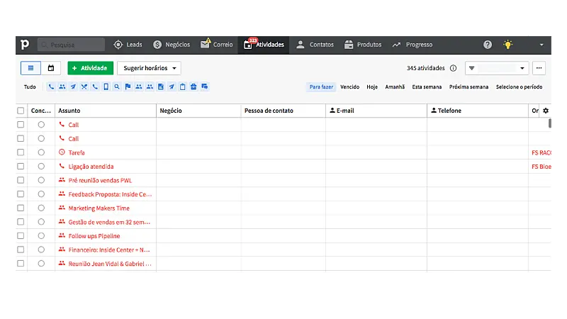 Print Screen da interface do CRM Pipedrive