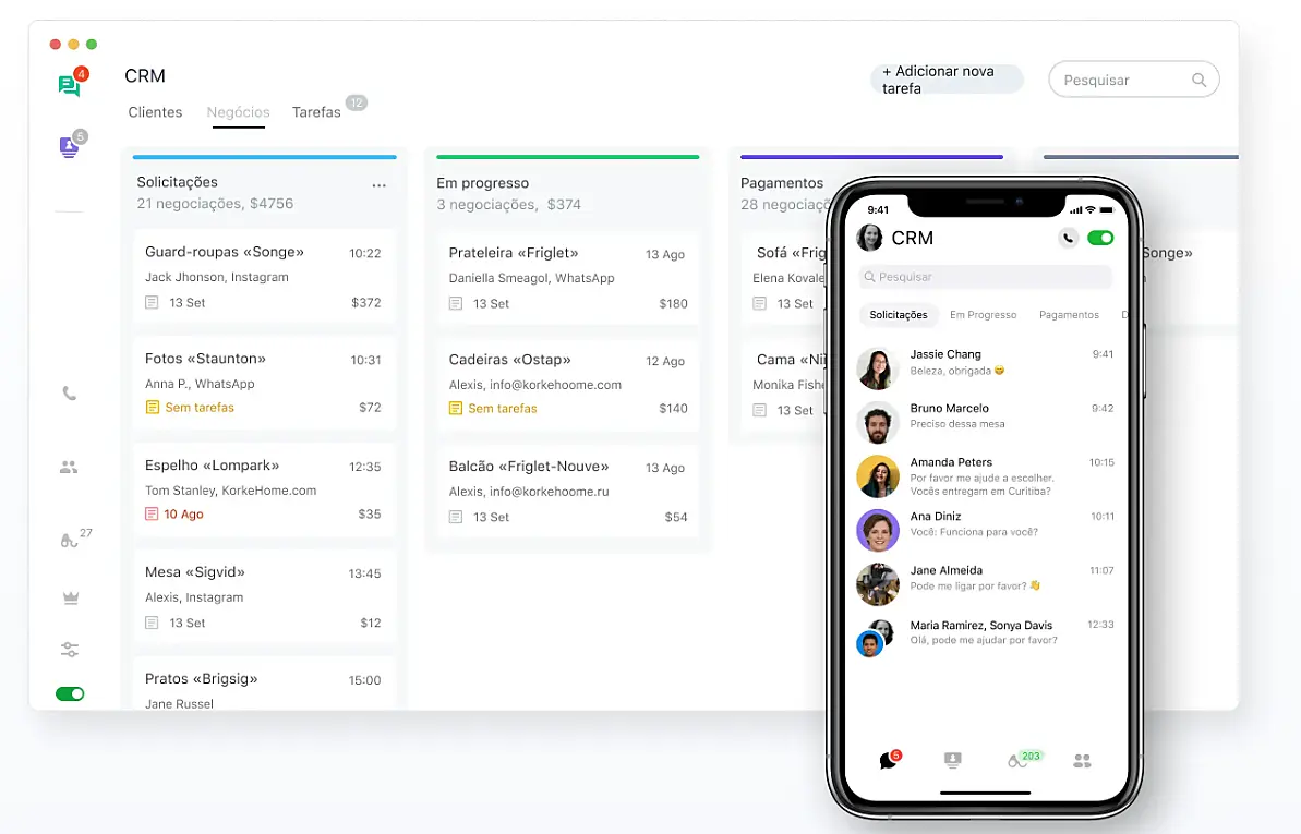 imagem que mostra a interface do CRM da JivoChat no computador e no smartphone