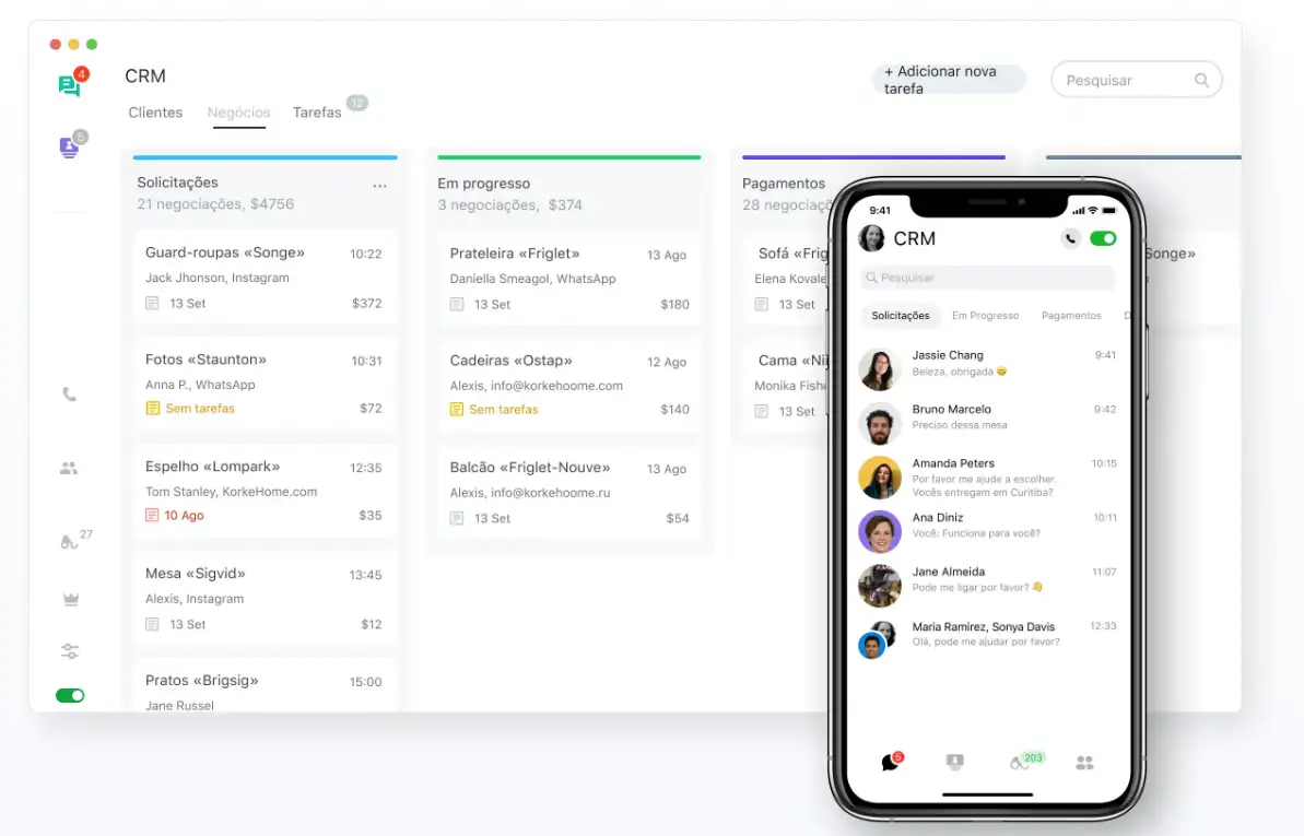imagem que mostra a interface do CRM da JivoChat no computador e no smartphone