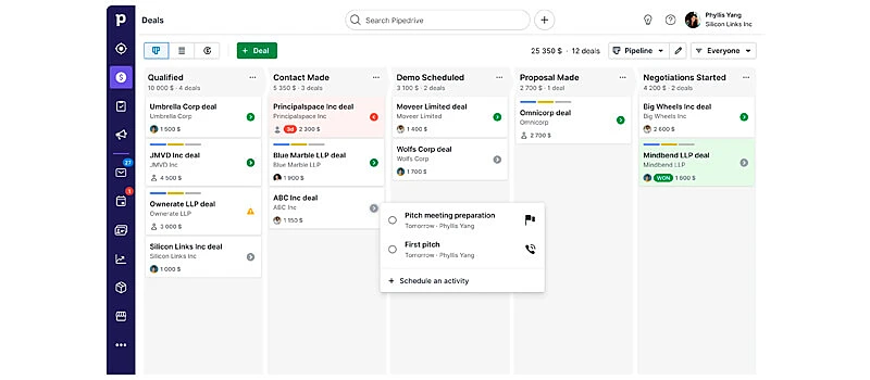 captura de tela do crm para ecommerce do pipedrive