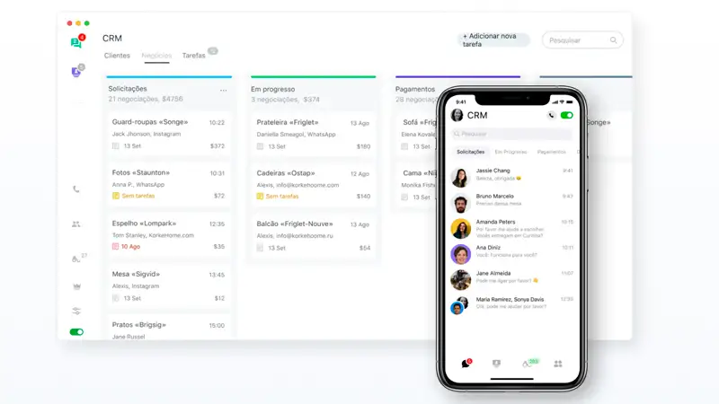 captura de tela que mostra o JivoChat CRM aberto no celular e também a versão de desktop